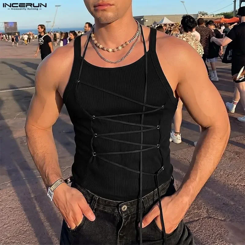 INCERUN Men's Tank Tops Solid Color Lace Up Sleeveless Casual Men Clothes Summer Streetwear 2026 Stylish Male Vests Tops S-3XL