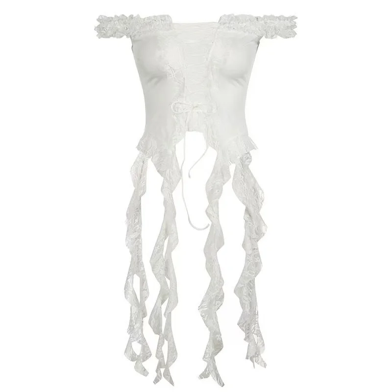 Élégant À Volants Haut Bas Femmes Rétro Blanc Gothique Vintage Mini Robe Hauts Soirée Streetwear Français 2025 Mode Été Nouveau