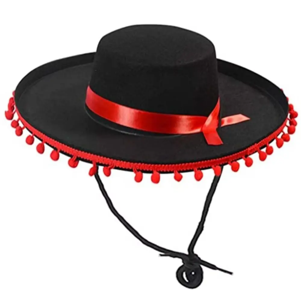 

Fuzz Ball Mexican Sombrero Hats Stage Performance Wide Brim Mexican Hat Costumes Dress Up Party Caps Spanish-style Hat