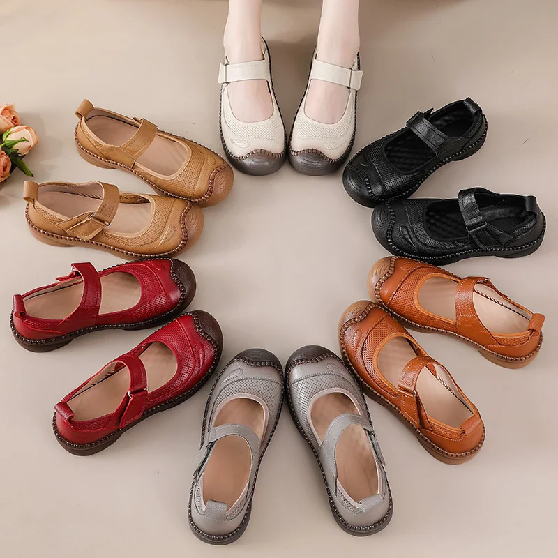 New 90s retro red mary jane flats women genuine leather shoes handmade moccasins woman crash proof toe strap comfy loafer ladies view 6