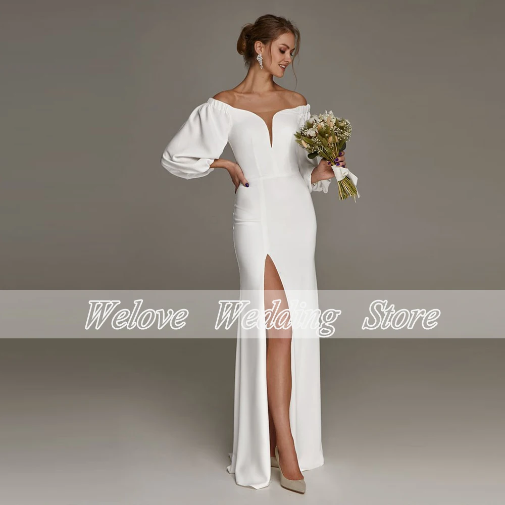 Simple Wedding Dress Off Shoulder Slit Civil Bridal Gown V Neck Floor Length 3/4 Sleeve Zipper Back Beach Vestido De Novia 2024