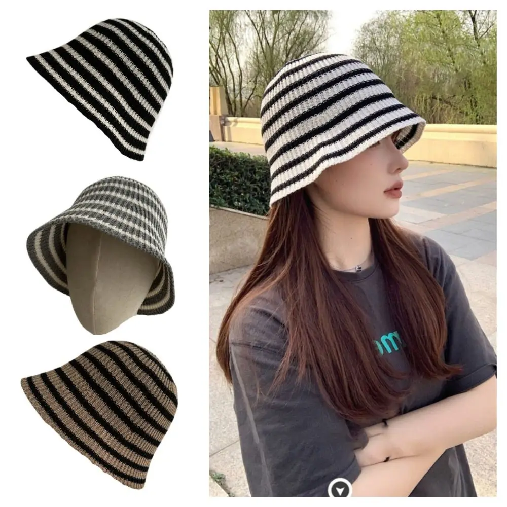 Anti-UV Fisherman's Hat Knitted Breathable Basin Hat Black White Stripes Sun Shading Artistic Versatile Hat Children's