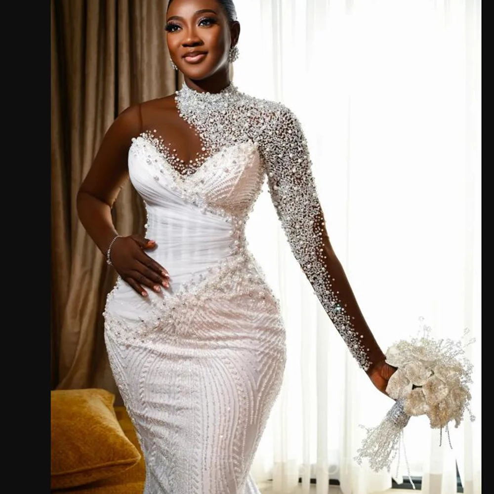 Glittering Beading Crystals Mermaid Wedding Dresses For Bride One Shoulder O Neck Bridal Gowns Customized Women Party Tuxedos