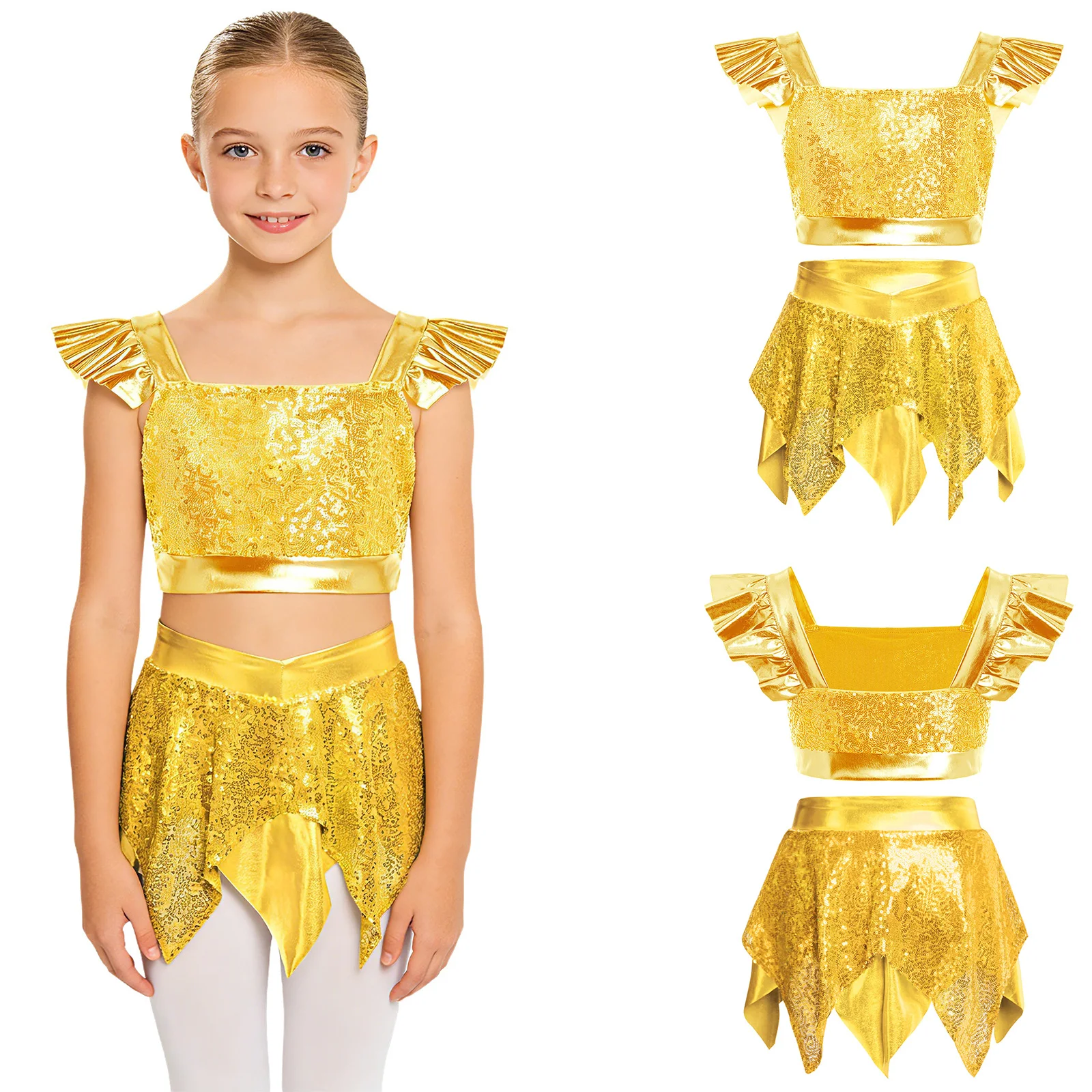 Girls Hip Hop Jazz Dance Cheerleading Outfit Metallic Shiny Sequin Dancewear Ruffled Sleeve Crop Top with Skirt Built-in Briefs