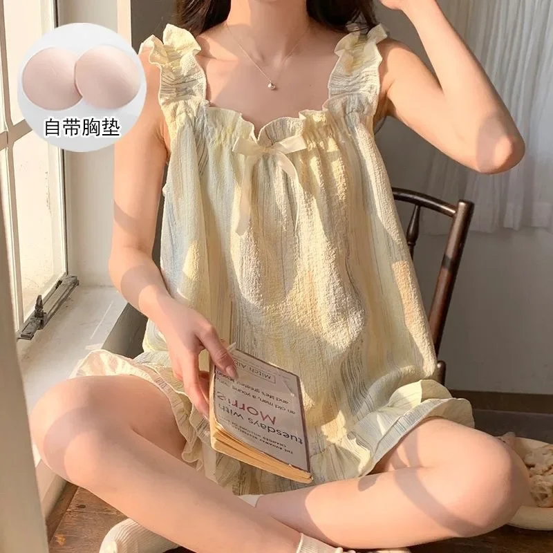 Neue Damen Frühling Sommer Loungewear Mädchen Damen Pyjama mit Brustpolstern Locker Niedlich Lieblich Lustig Modisch Ärmellos Shorts Homewear