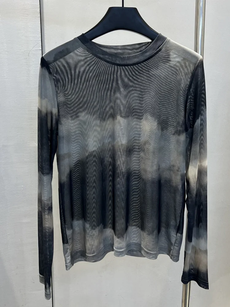Summer Ultra-Thin Long Sleeve Tie-Dye T-Shirt Women's Retro Hong Kong Style Mesh Inner Sun Protection Shirt Base Shirt