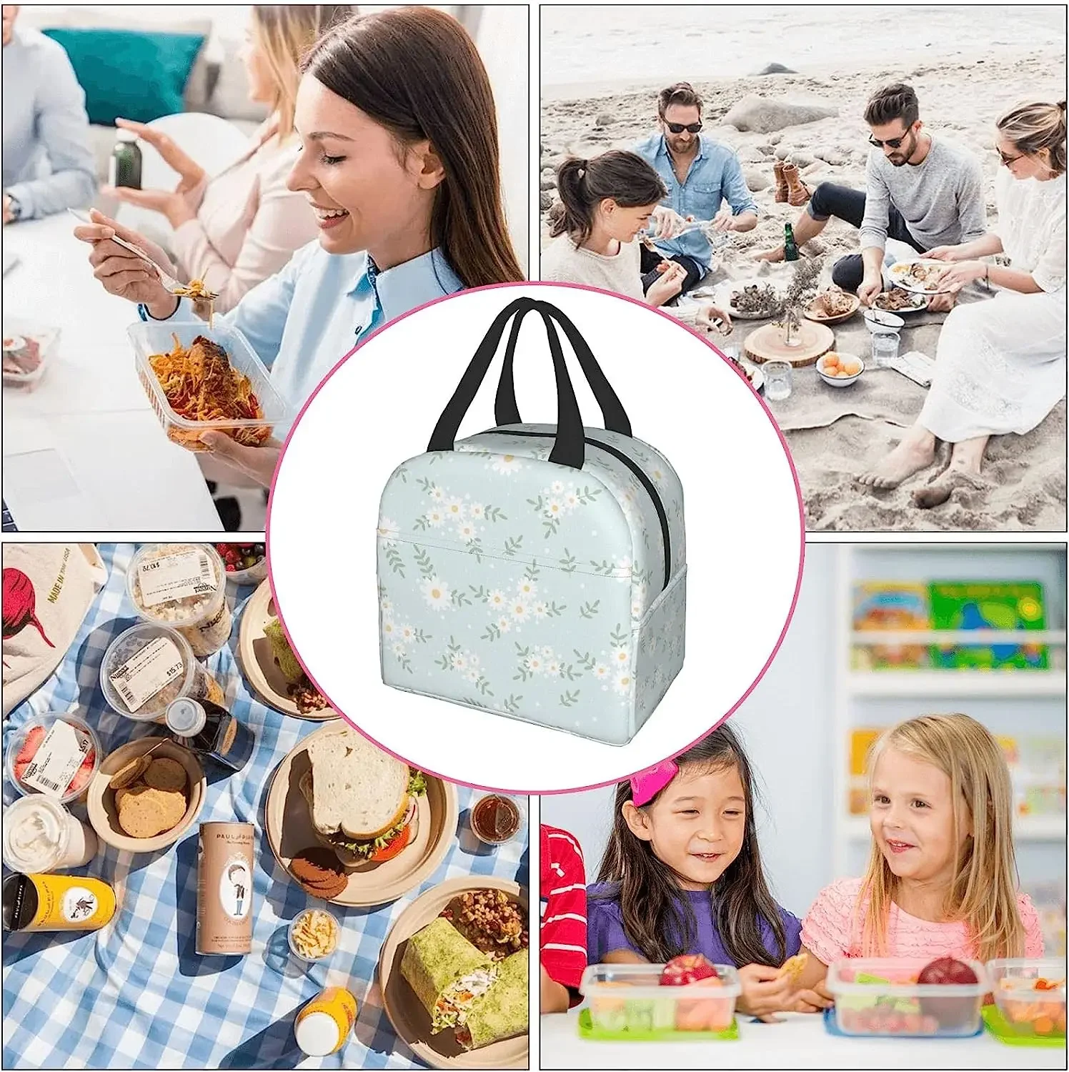 Daisy Flower Blue Insulated Lunch Bag Protable Thermal Cooler Tote for Adults Kids Work School Picnic Beach Reusable Lunch Box