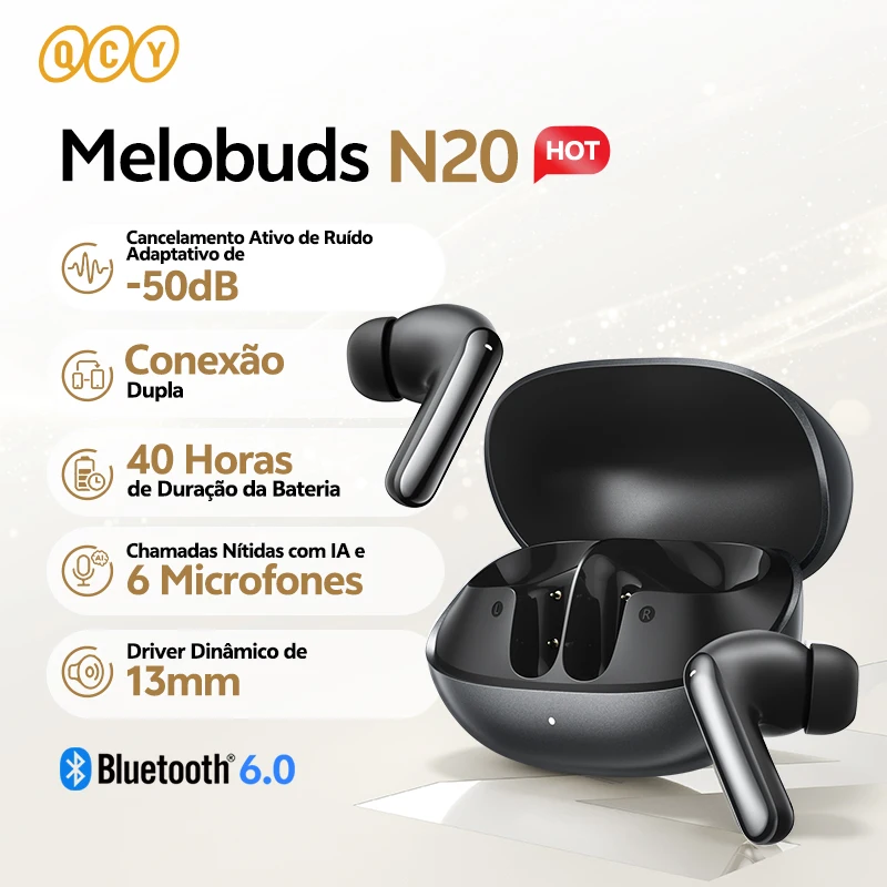 QCY Melobuds N20 Fones Bluetooth 6.0 com ANC -50dB
