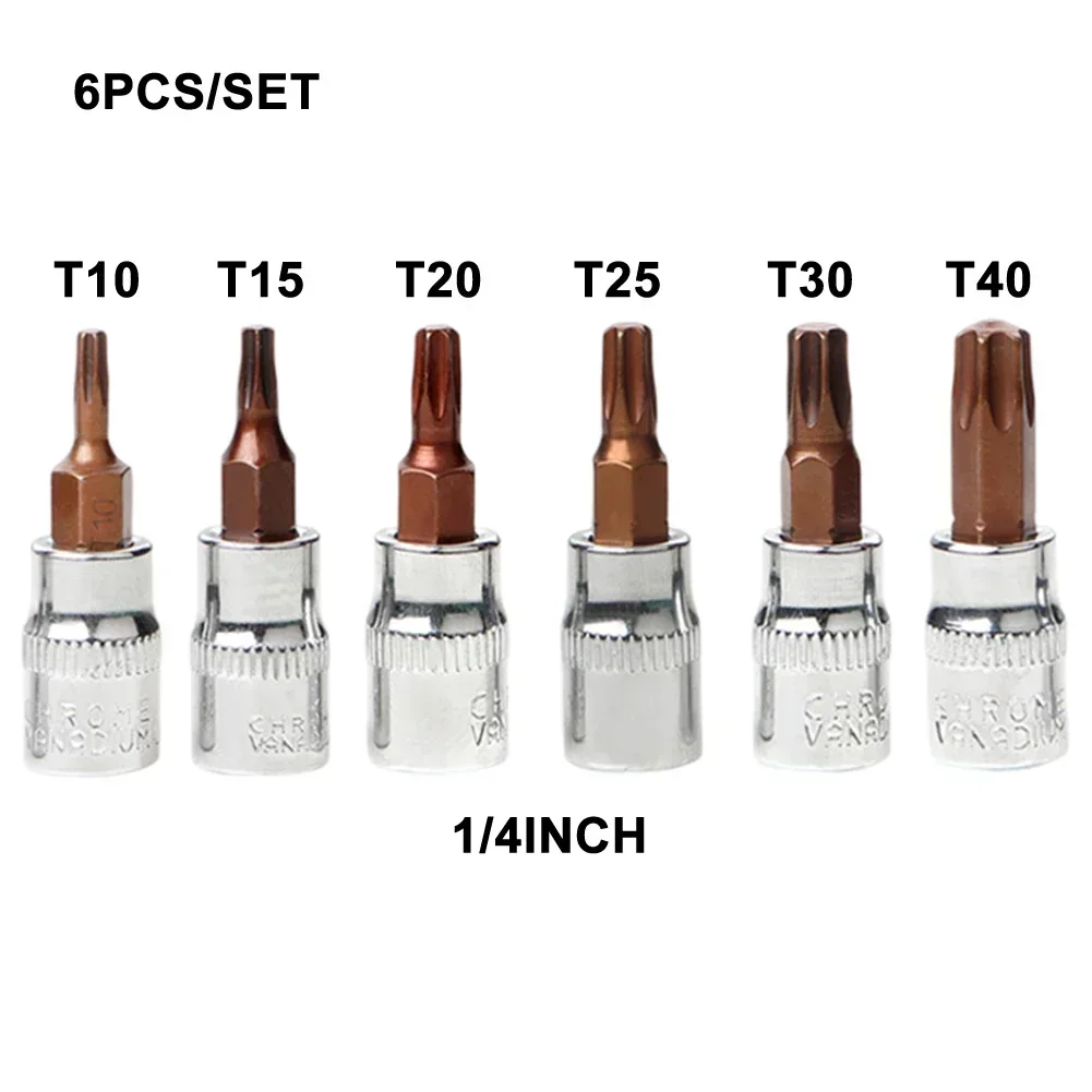 6 pz 1/4 "Torx Bit Socket Set Adattatore Punte per Cacciavite T15 T20 T25 T30 T40 Chiave a tubo Testa Strumento di Riparazione Auto