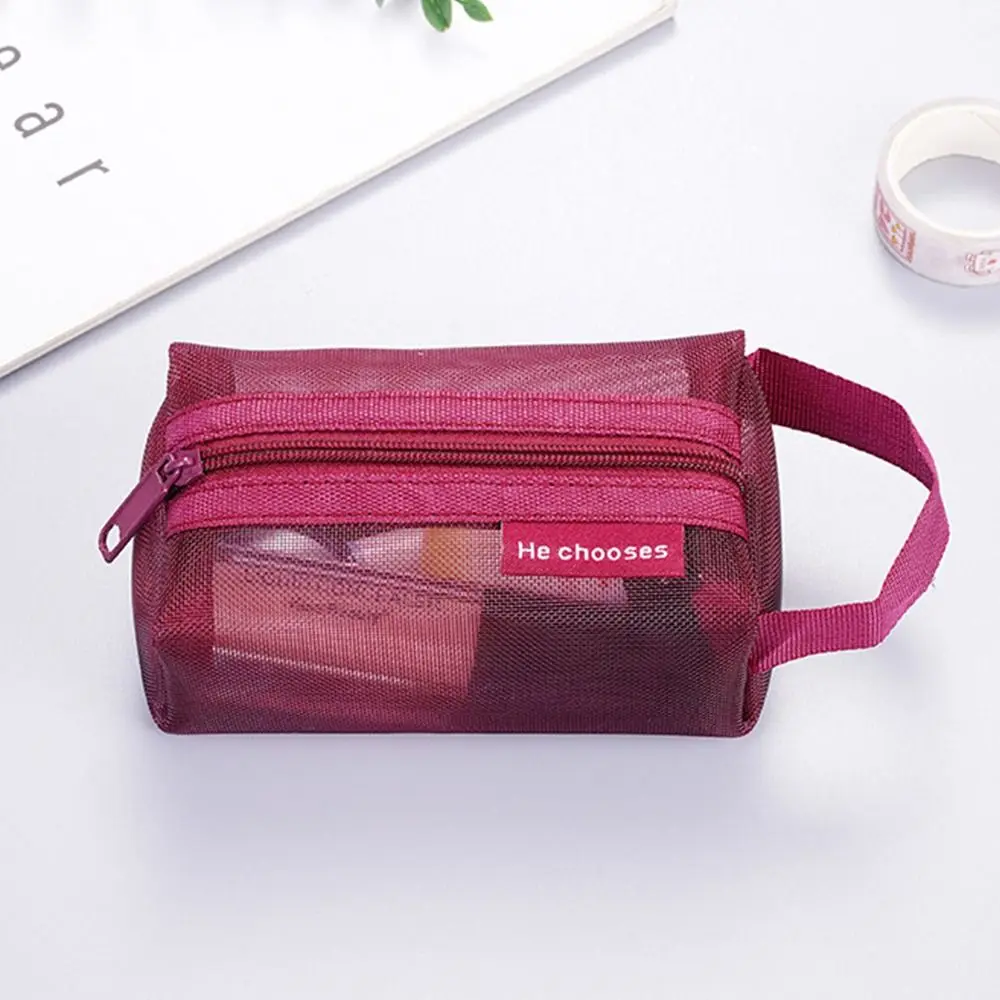 Retro Color Mesh Cosmetic Bag with Handle Transparent Make Up Bag Travel Toiletry Storage Bag Simple Portable Wash Bag