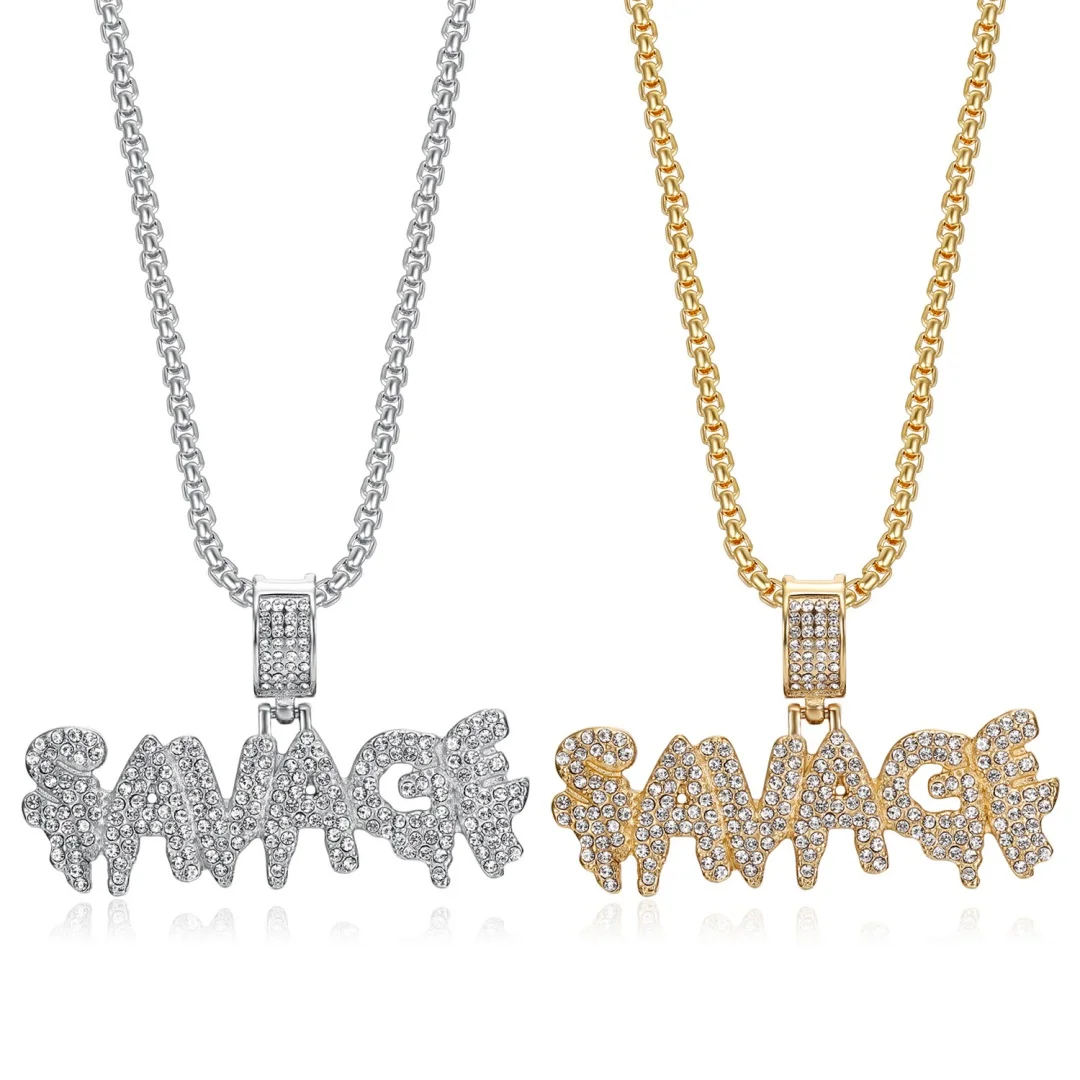

Hip Hop Iced Out Tennis Savage Letter Pendant Gold Silver Color Stainless Steel Zirconia Rapper Necklace for Women Men Jewelry