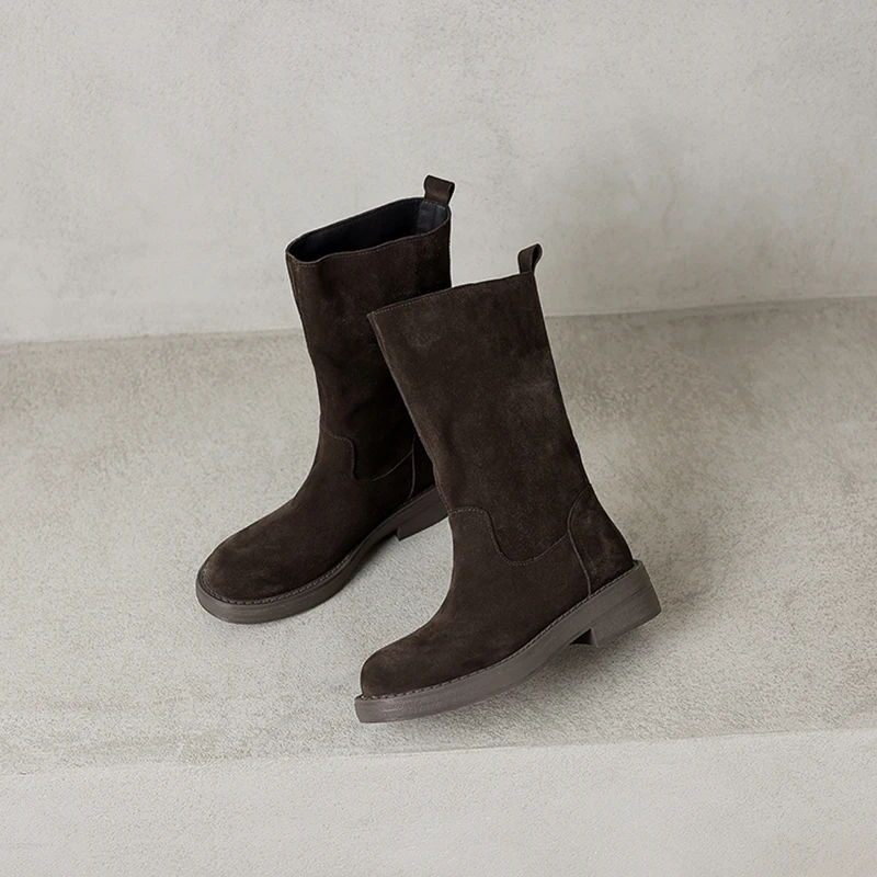 ESVEVA 2027 Fashion Women Ankle Boots Winter Casual Cow Suede Mid Heels Woman Leather Shoes Autumn Wrinkle Short Boots 34-40