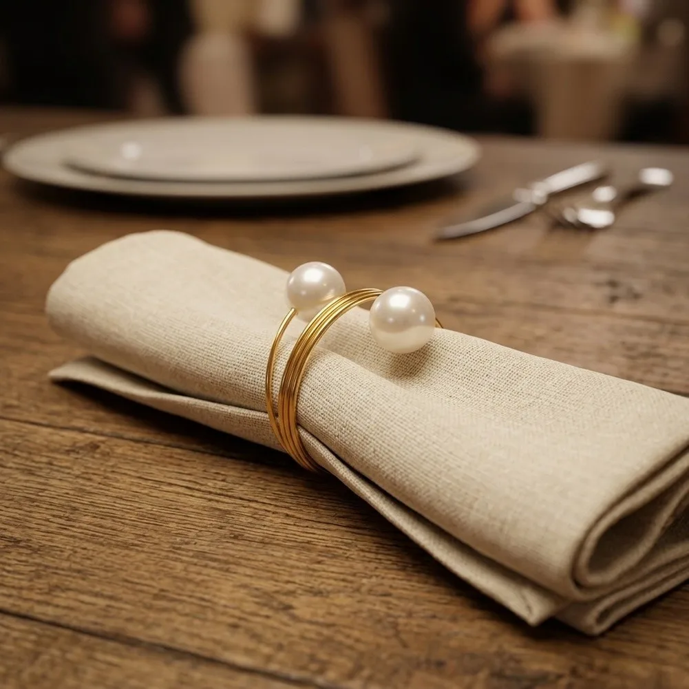Elegant European Imitation Pearl Gold Napkin Rings Luxury Serviette Buckle Napkin Holder For Wedding Dinner Party Table Decor