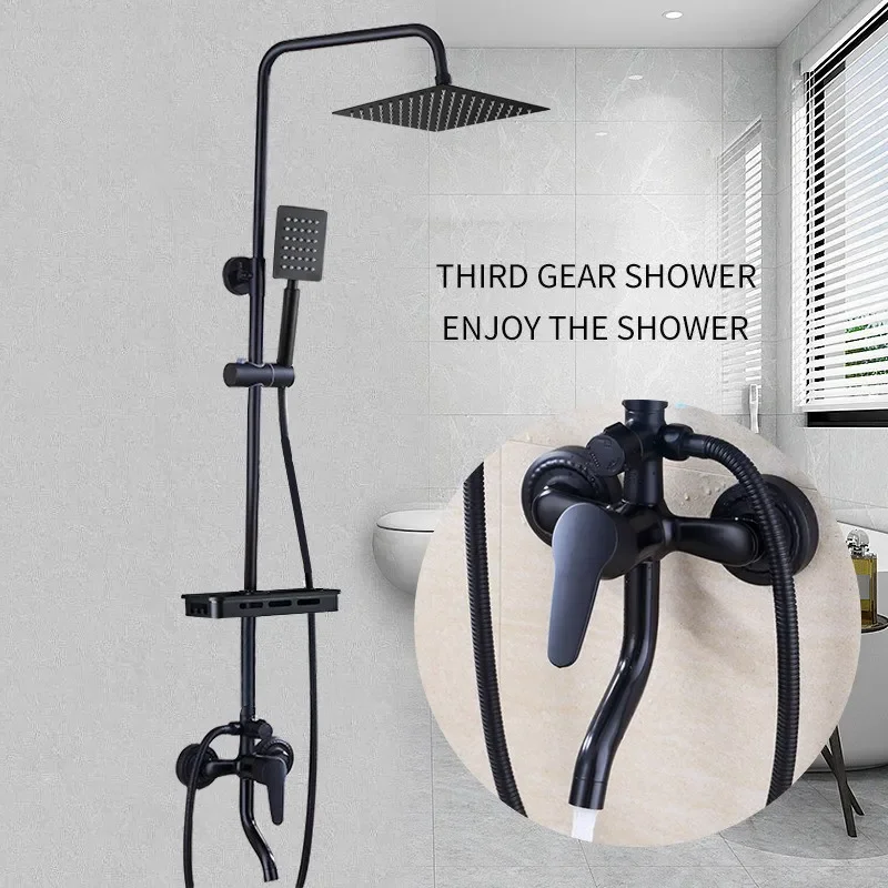 Black Bathroom Shower Home Set Copper Faucet Wall Mounted Bath Head
