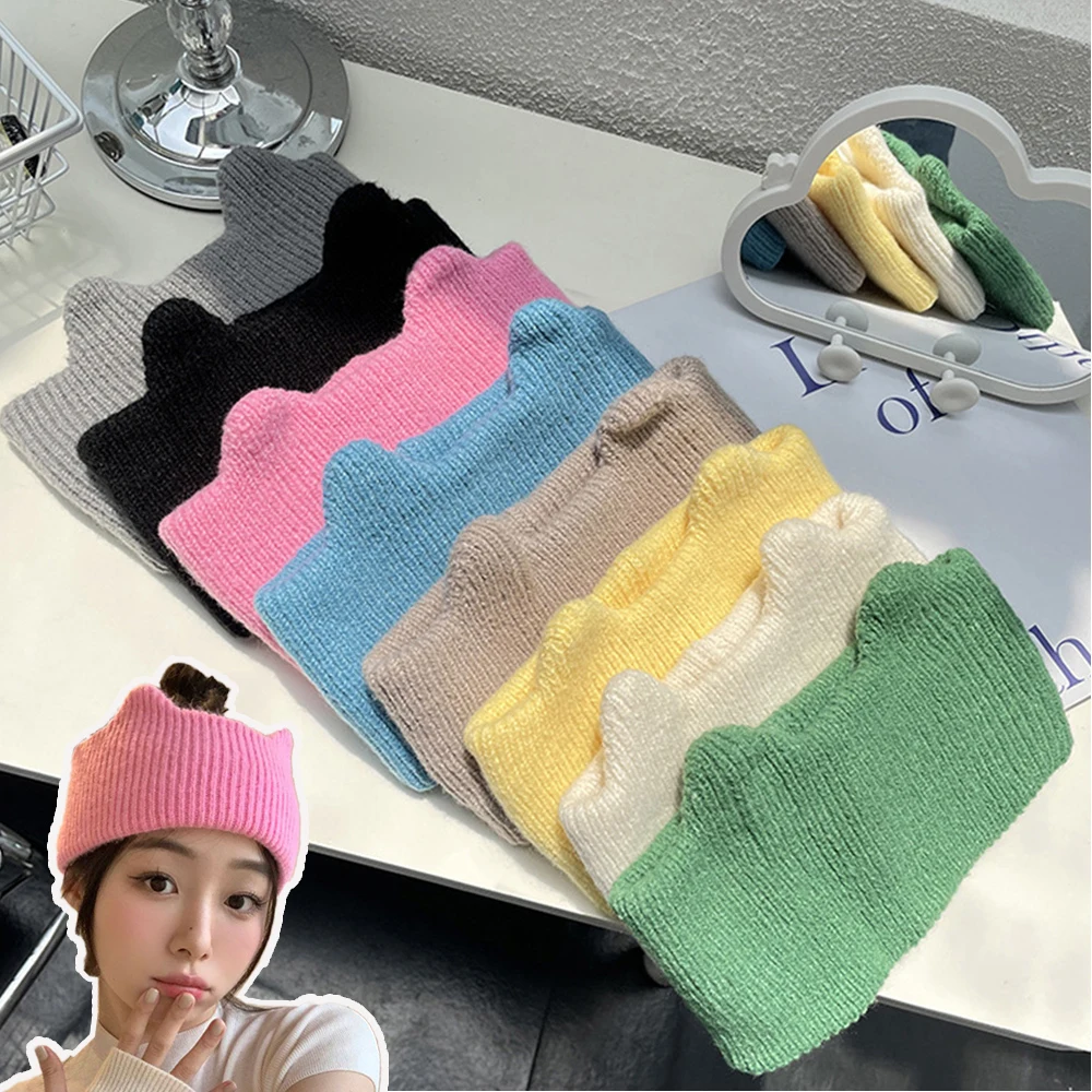 Super Cute Cat Ears Warm Knitted Headband Female Elastic Retro Sweet Face Wash Hair Bands Wide-brimmed Sports Hair Wrap New