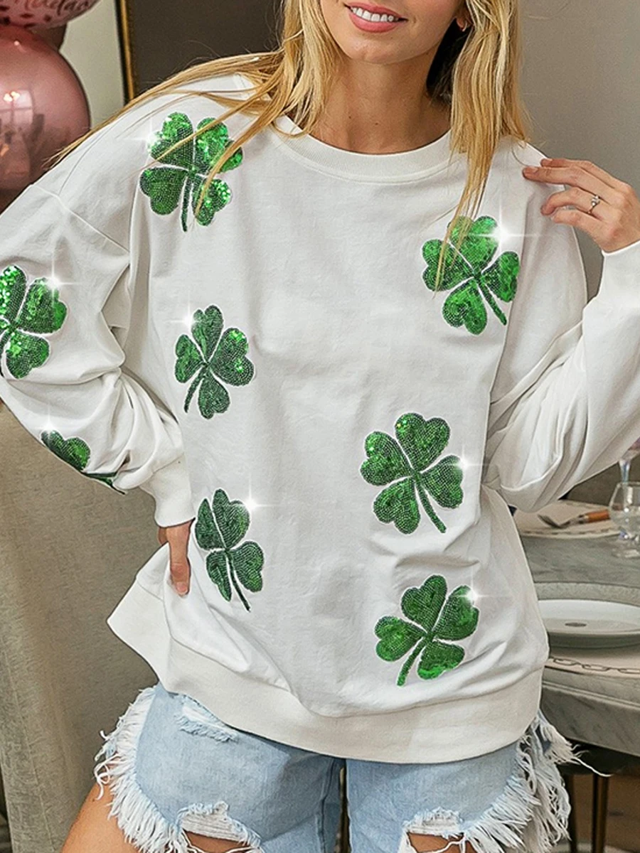 Y2k Women Irish St Patricks Day Sweatshirt Shamrock Clover Long Sleeve Crew Neck Shirts Losse Fit Tops Pullover