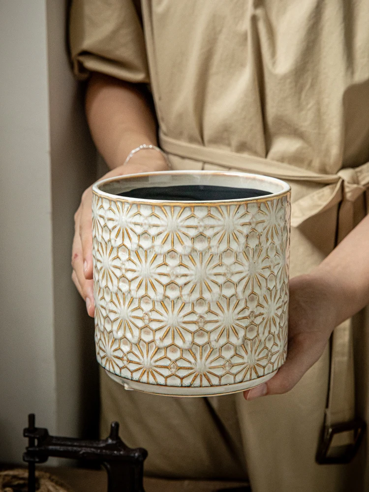 Vintage Ceramic Storage Jar with Embossed Floral Design Kitchen Decor Retro Canister