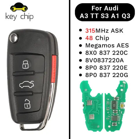 아우디 A2 A3 A4 A6 A8 TT 콰트로 S3 S6 S8 Q7 R8 S5 RS4 리모컨 자동차 키 4버튼 315MHZ ID48 FCCID NBG009272T용 키칩