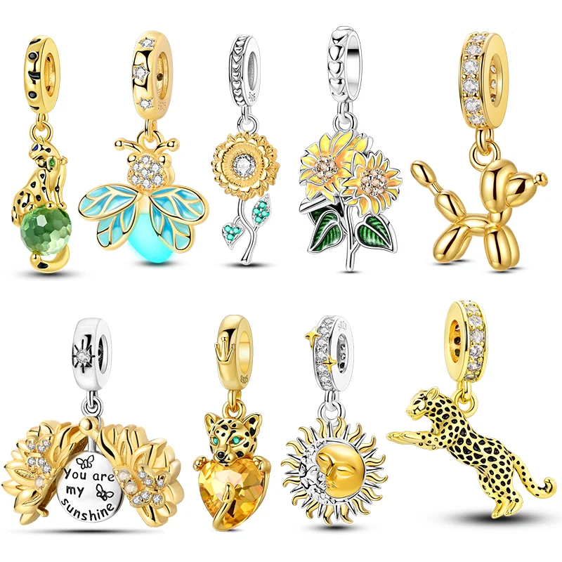 925 Sterling Silver Golden Sunflower Firefly Leopard Charm Pendants Fit Bracelet Necklace Jewelry DIY Gifts
