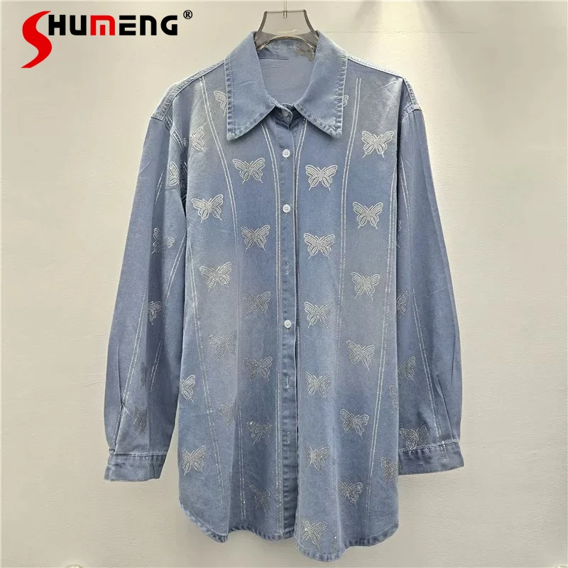 

Fashion Butterfly Striped Hot Diamond Denim Shirts Women's 2026 Spring Autumn New Loose Comfort Chic Shirts Feminine Trendy Tops