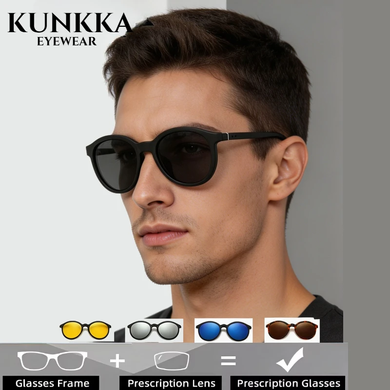 

KUNKKA 2223A Classic Magnet Clip on Sunglasses Round Men Women Polarized Gray TR90 Frame Custom Prescription Male Myopia Glasses