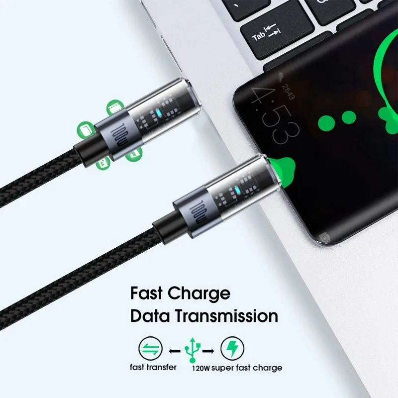 USB C To Type C Charger Cable PD 100W High-speed Quick Charging Nylon Cord With Light Dual Type-C Data Cable for Samsung Xiaomi