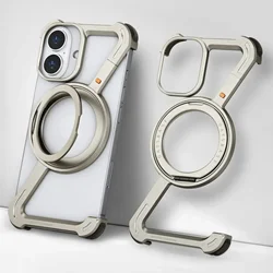Oatsbasf Z Shape Metal Phone Case for iPhone 16 15 14 Pro Max with Stand 360°Rotate Magsafe Minimalist Frameless Protective Case