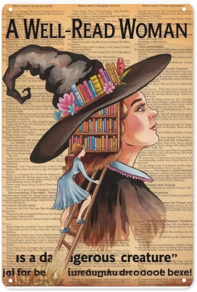 Literary Witch Tin Sign 8X12IN Mystical Metal Wall Art for Bookstore, Study & Feminist Magic Theme Decor sign