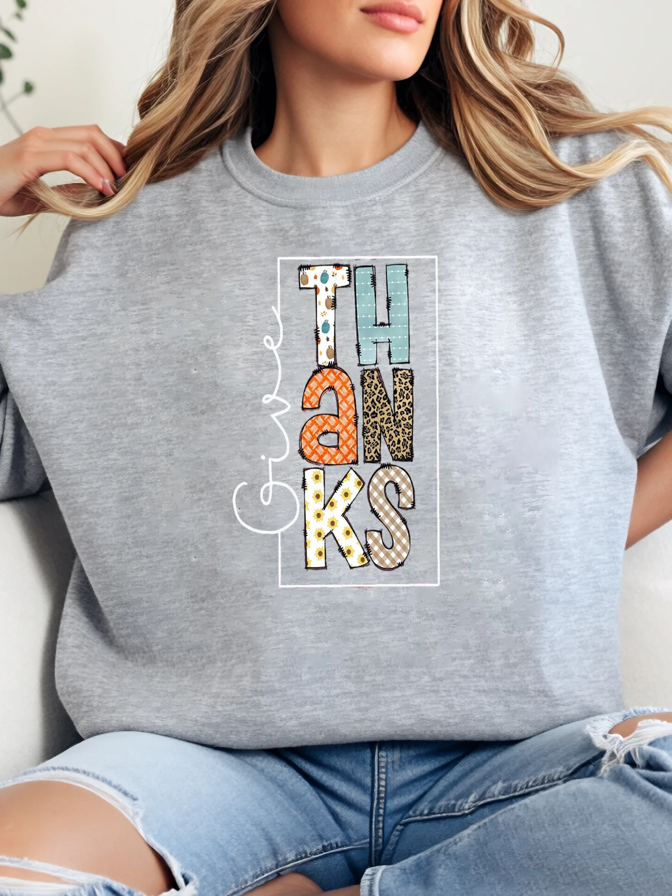 

Thanks Print Thanksgiving Sweatshirt Women Casual Wear Gray Plus-Size