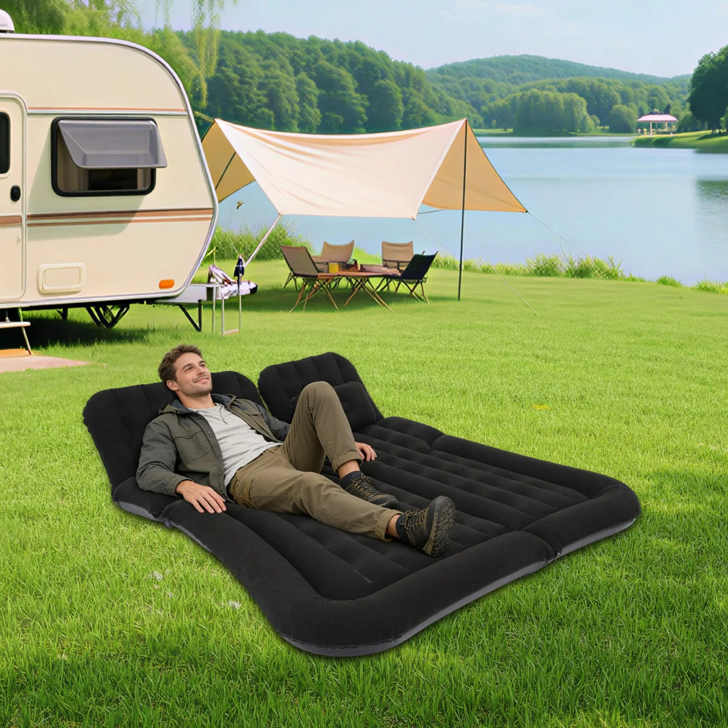 

SUV Air Mattress Camping Bed with 2 Pcs Pillows, 68.9 * 51.2'' Inflatable Thickened Car Air Bed Travel Camping Bed with A