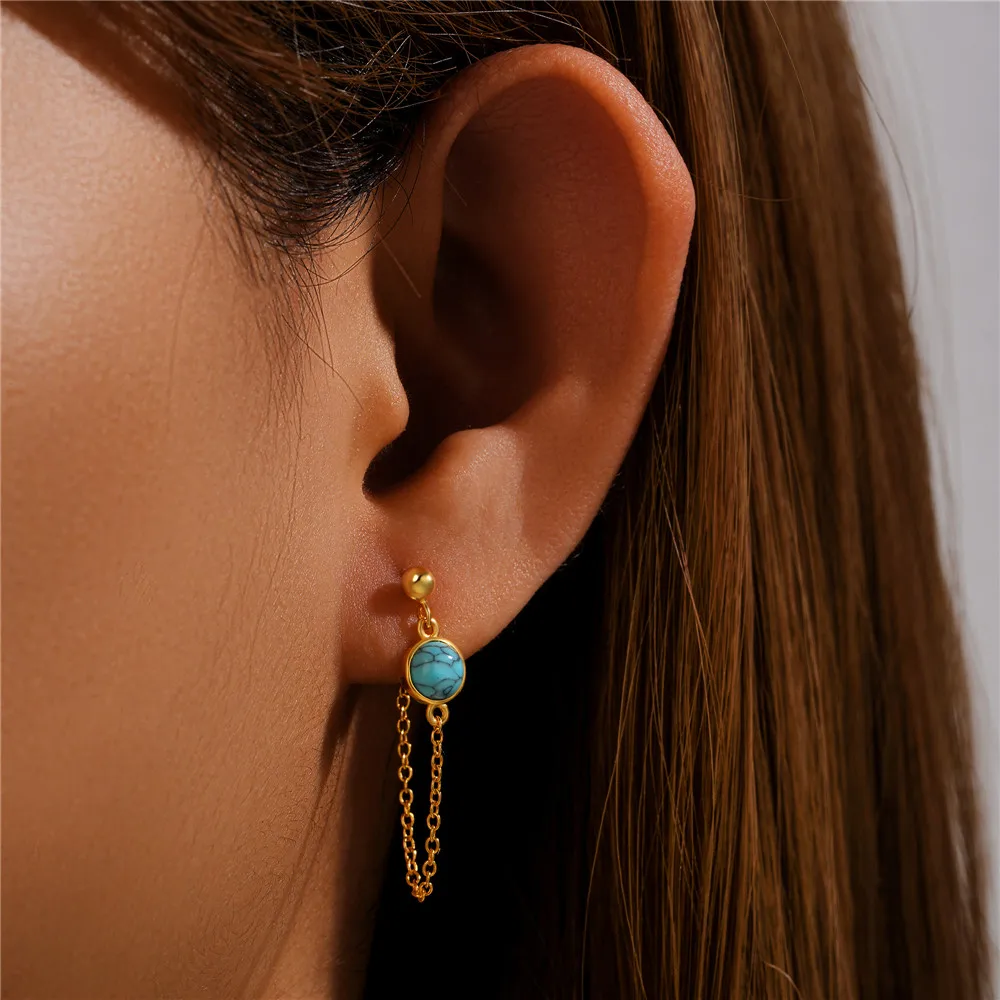 ROXI 5cm Tassel Chains Turquoise Stud Earrings for Women 925 Sterling Silver 1Pair piercing Earring jewelry Pendiente Plata