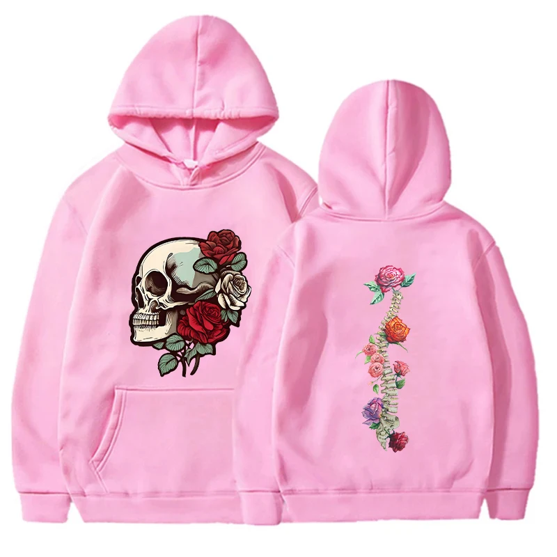 Woman Clothing Versatile Sweatshirts Casual Hoodies Pullovers Cool Gothic Skull with Roses Daily Dark Aesthetics Women's Hoodies