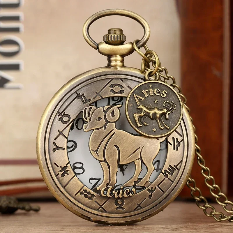 Bronze Hollow Twelve Constellation Unisex Quartz Pocket Watch Necklace Chain Arabic Numerals Display Birthday Gift reloj