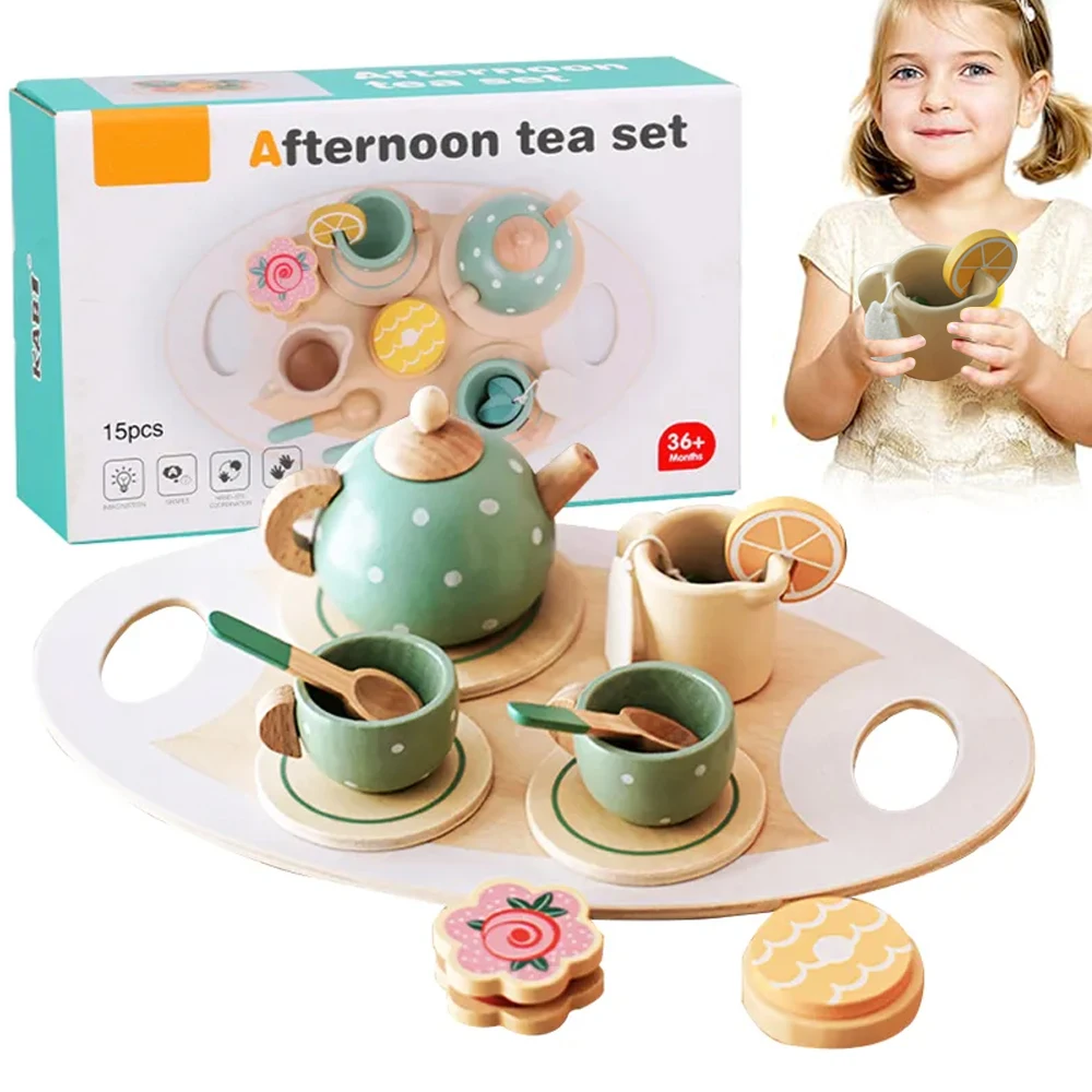 15pcs Wooden Tea Toys Pretend Play Kitchen Accessories Food Playset for Kids Role Play Game for Toddlers Girls Boys Gifts