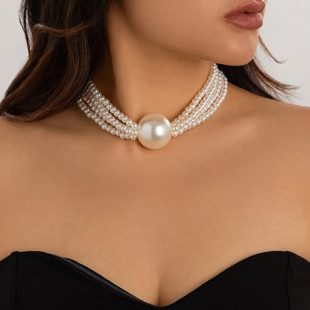 Trend Exaggerate Large Round Bead Imitation Pearl Beading Multi-layer Chain Necklace for Women Hip Hop Collar Chain Jewelry Gift