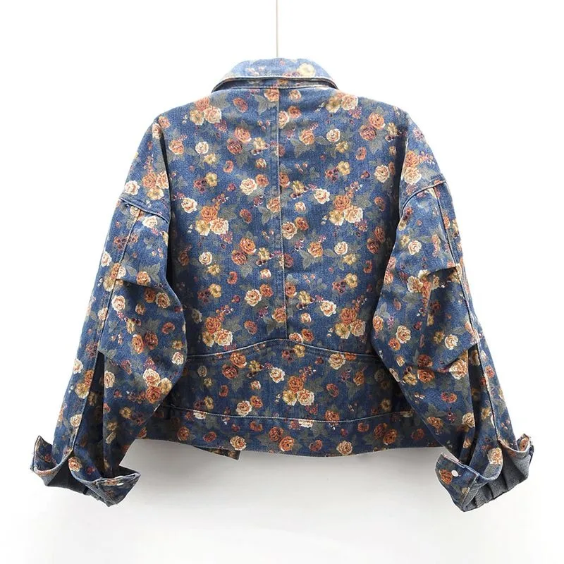 Women's Spring Autumn Tops Jacket Cowboy Printed Short Vintage Simple Loose Leisure Design Fashion Advanced Soft Niche Skinny