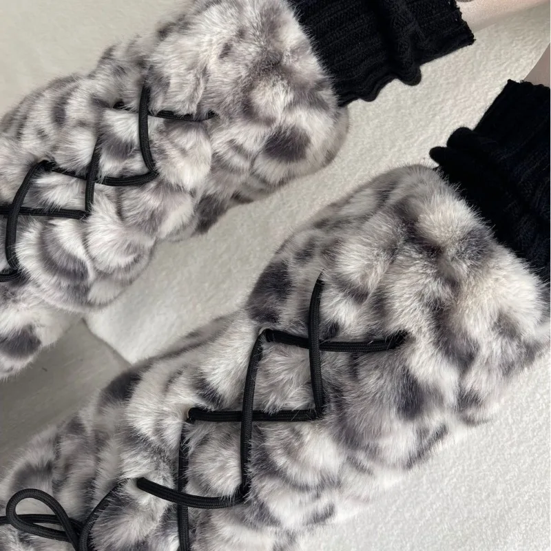Soft Faux Fur Leopard Leg Warmers, Y2K Style Lace‑Up Boot Cuffs, Warm Plush Leg Covers for Winter Daily & Party Matching