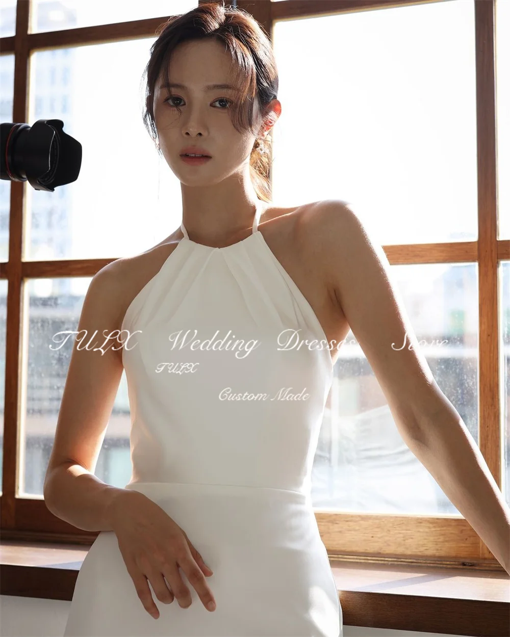 TULX Semplice Halter Senza Maniche Corea Matrimonio Servizio Fotografico Abito Sirena Lungo Sweep Treno Corsetto Donne Abiti da Sposa Personalizzato 2025