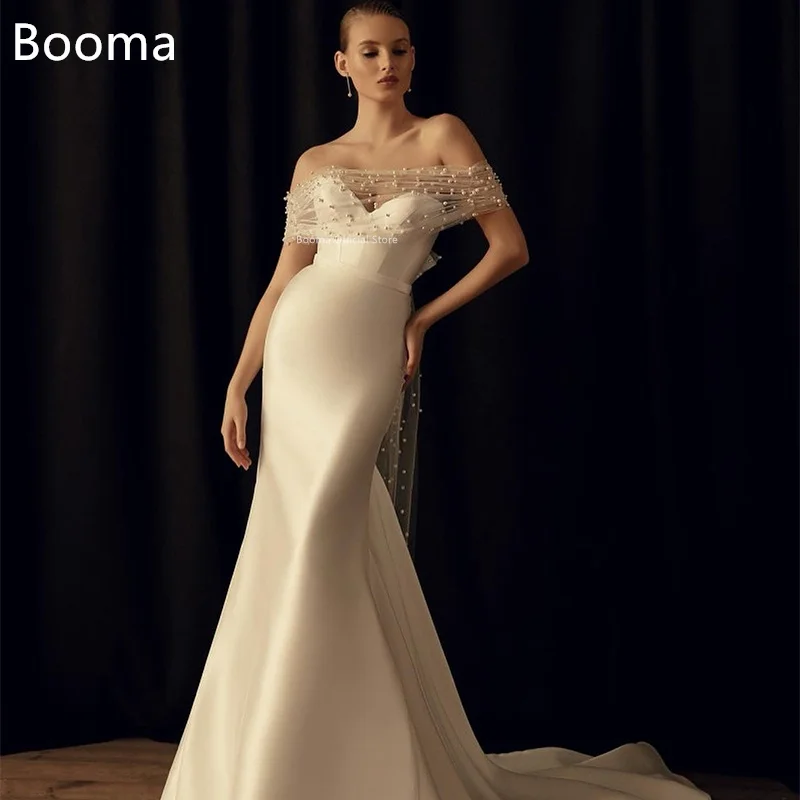 

Booma Mermaid Long Strapless Wedding Dresses Pearls Satin Sleeveless Elegant Brides Gown Custom Made 2025