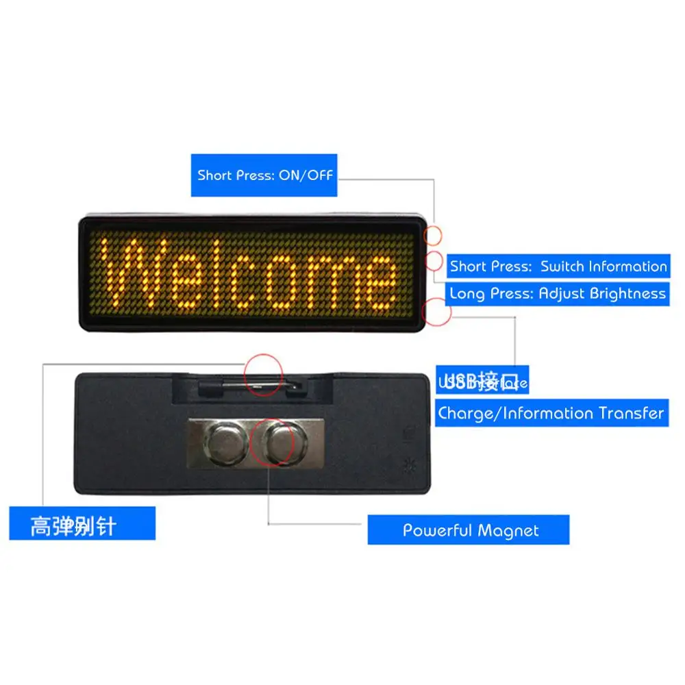 Mini Led Digital Display Rechargeable Bluetooth App Control Programmable Name Badge Durable Scrolling Message Tag For Festivals