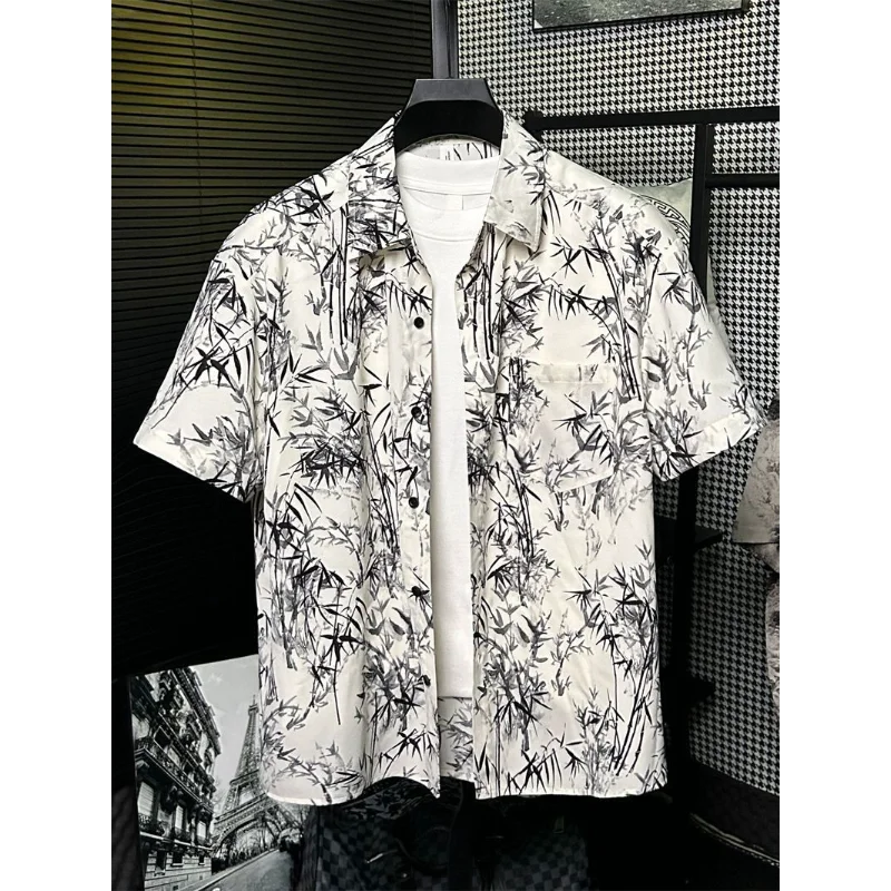 

Новая летняя мужская рубашка из ледяного шелка в китайском стиле с короткими рукавами, новая драпированная бамбуковая галстук-краска, модная брендовая свободная легкая рубашка