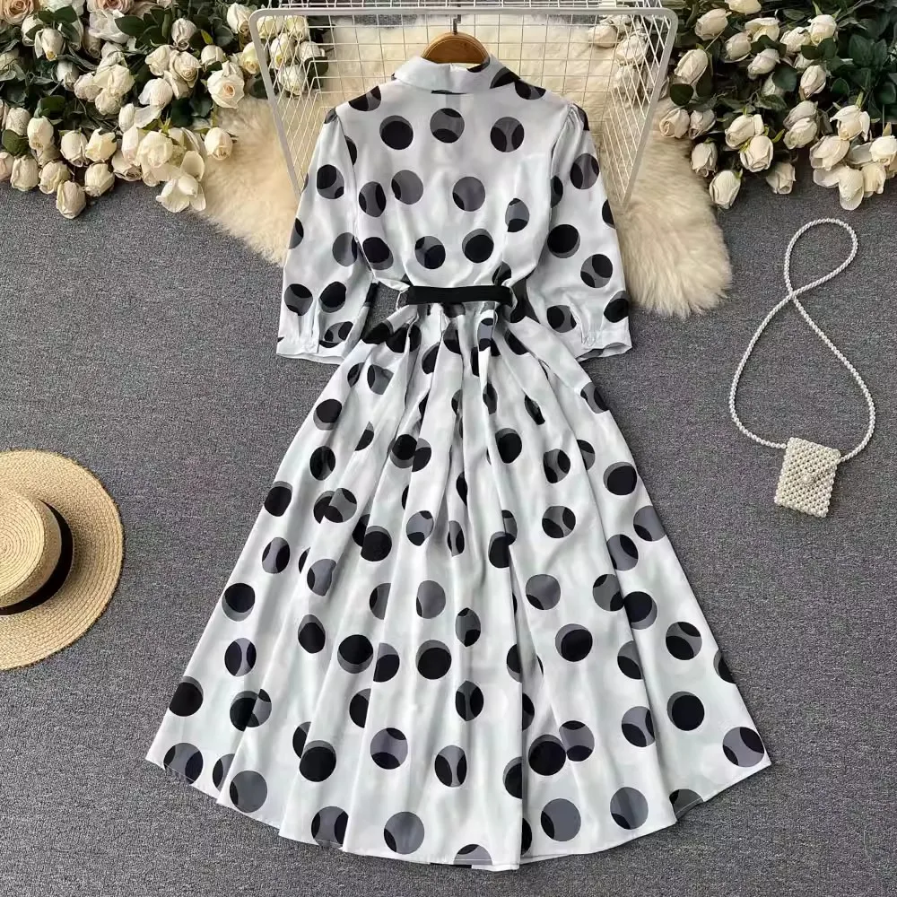 Fashionable New French Sweet Chiffon Polka Dot Printed Dress Women's Clothing Tie Up Waist Long Sleeved Shirt A-Line Skirt Women