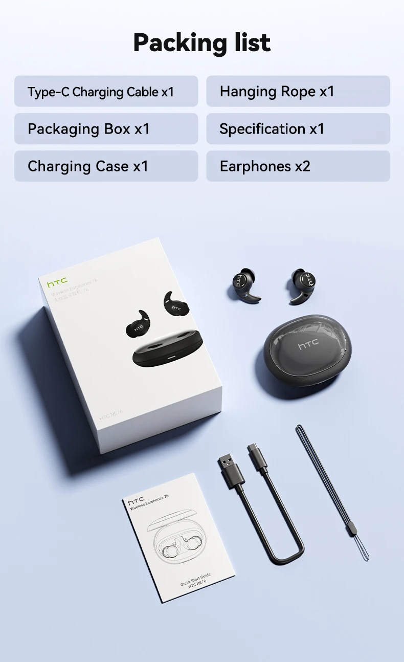 HTC NE76 Kabellose Bluetooth-Kopfhörer TWS In-Ear-Ohrhörer Bluetooth 5.4 Mikrofon IPX5 Wasserdicht Sport-Ohrhörer für iOS Android – Detail 16
