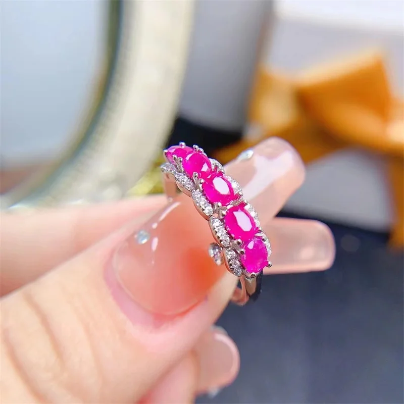 Cincin Pernikahan perak murni 925 asli dapat digenggam emas kuning 18k untuk wanita 4x3mm Ruby dengan sertifikat