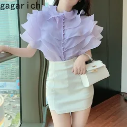 Gagarich Women Elegant Blouse Fashion Summer New French Temperament Fairy Court Style Ruffled Mesh Shirt Top Clothing