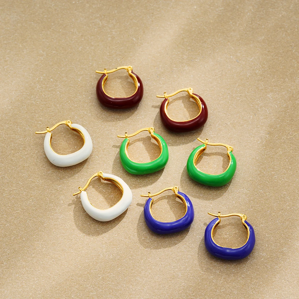 

New Trend Multi-color Enamel Big Circle U Shape Hoop Earrings Waterproof Non Tarnish Minimalist Earrings Gold Color Ear Buckle