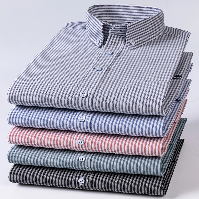 New Cotton Oxford Shirts Men's Long Sleeves Stripe Thin Soft Regular Fit Formal Dress Shirt Pocket Social Blouse Male Clothing