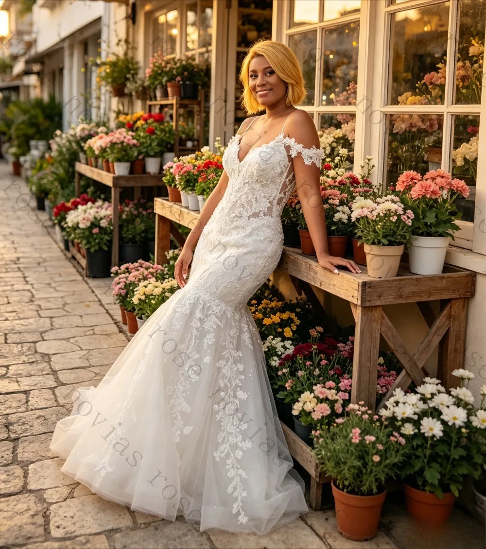Customized Off Shoulder Lace Mermaid Wedding Dress with Tulle Skirt for Brides Elegant Plus Size Bridal Gown Perfect for Beach