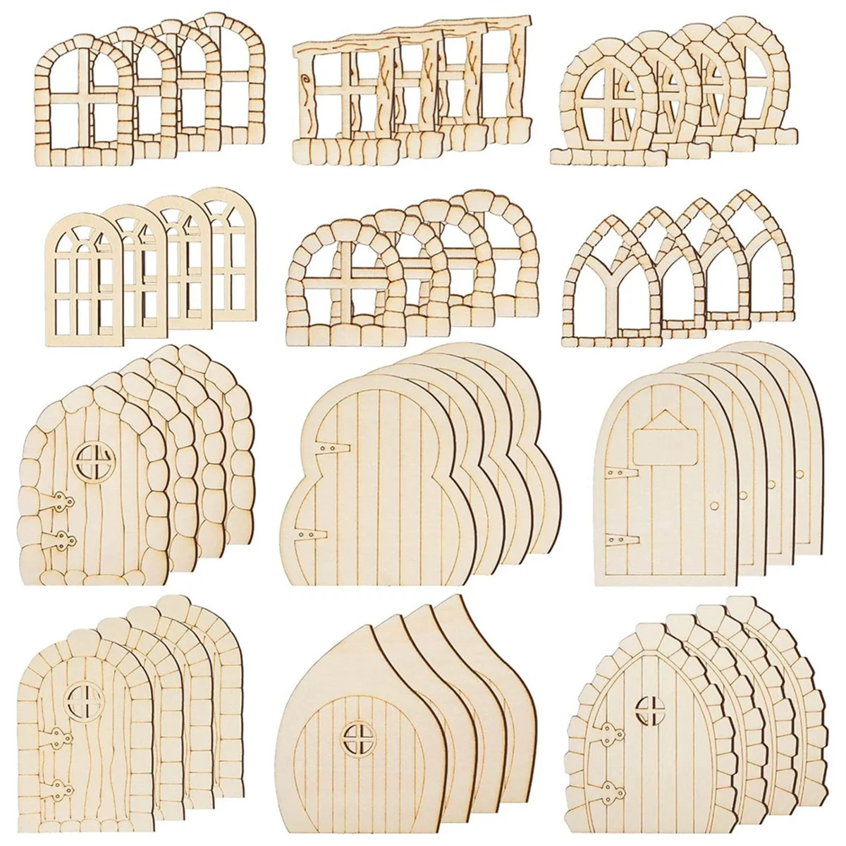 48 Pcs Fairy Door Wooden Garden Doors Craft Mini Window Fairy House Kit Unfinished Miniature Door Unpainted Fairy Window