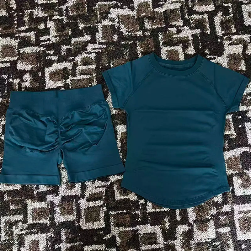 2-delig dames sportpak met lange, korte mouwen, buikvrij, hoge taille, sportshort, fitnesspak, yogapak, ademend D